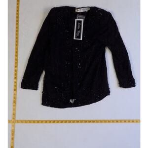 NWT NEW Silky Nites 100% Silk Beaded Sequin Black Floral Blouse 90s Vintage